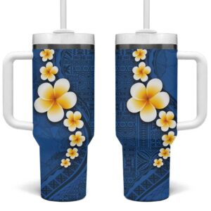 Polynesian Hibiscus and Plumeria with Tapa Blue Color Custom Stanley Quencher 40oz Stainless Steel Tumbler With Handle - Threewoofs