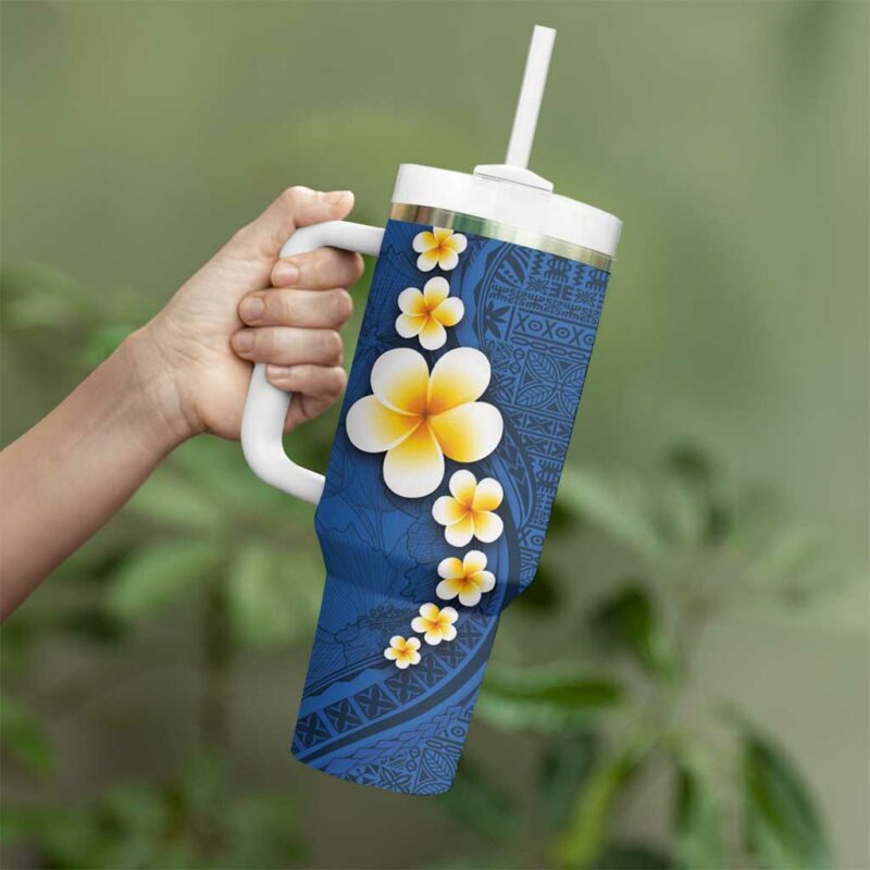 Polynesian Hibiscus and Plumeria with Tapa Blue Color Custom Stanley Quencher 40oz Stainless Steel Tumbler With Handle - Threewoofs - Image 3