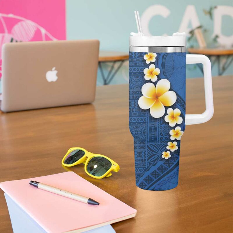 Polynesian Hibiscus and Plumeria with Tapa Blue Color Custom Stanley Quencher 40oz Stainless Steel Tumbler With Handle - Threewoofs - Image 5