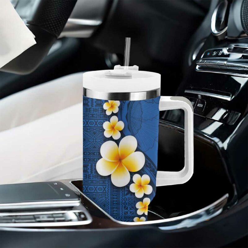 Polynesian Hibiscus and Plumeria with Tapa Blue Color Custom Stanley Quencher 40oz Stainless Steel Tumbler With Handle - Threewoofs - Image 8