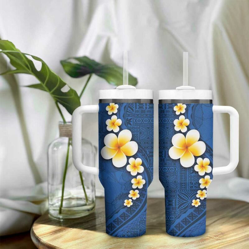 Polynesian Hibiscus and Plumeria with Tapa Blue Color Custom Stanley Quencher 40oz Stainless Steel Tumbler With Handle - Threewoofs - Image 9
