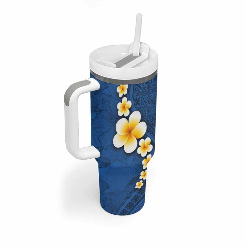 Polynesian Hibiscus and Plumeria with Tapa Blue Color Custom Stanley Quencher 40oz Stainless Steel Tumbler With Handle - Threewoofs - Image 2