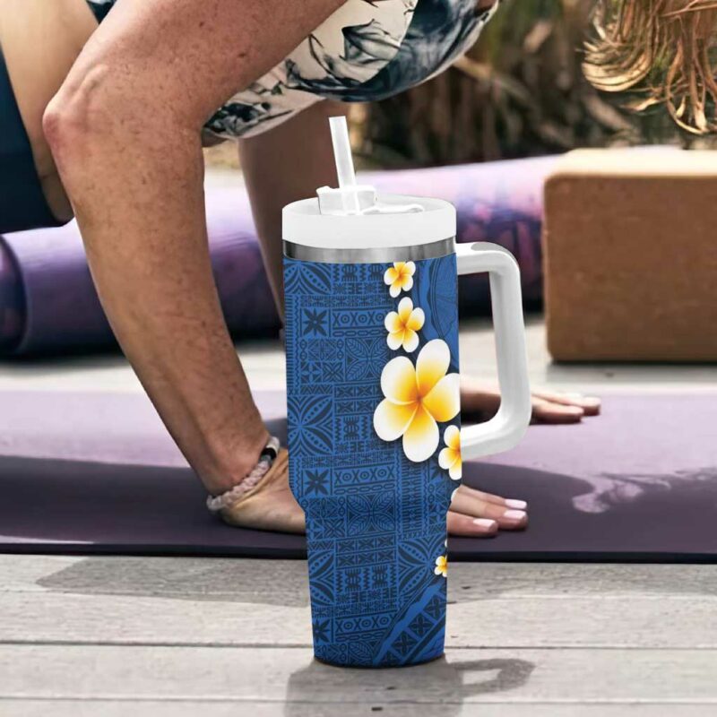 Polynesian Hibiscus and Plumeria with Tapa Blue Color Custom Stanley Quencher 40oz Stainless Steel Tumbler With Handle - Threewoofs - Image 6