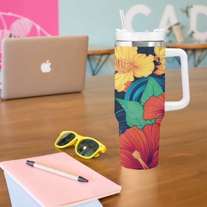 Polynesian Hibiscus Flower Waves Custom Stanley Quencher 40oz Stainless Steel Tumbler With Handle - Threewoofs - Image 5