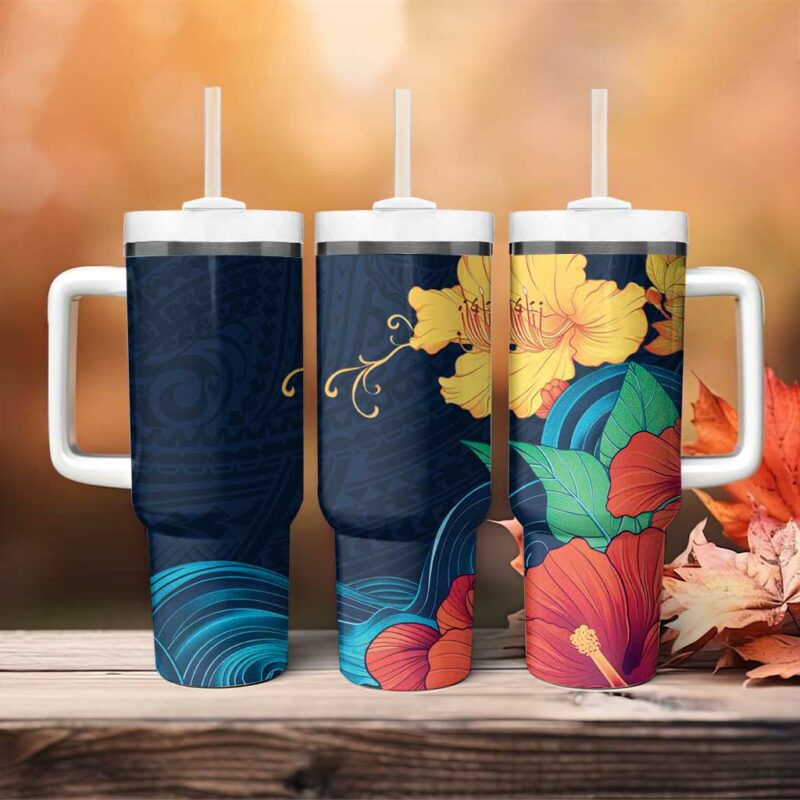 Polynesian Hibiscus Flower Waves Custom Stanley Quencher 40oz Stainless Steel Tumbler With Handle - Threewoofs - Image 4