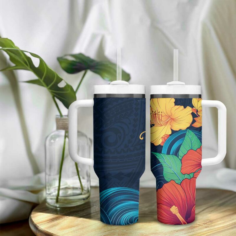 Polynesian Hibiscus Flower Waves Custom Stanley Quencher 40oz Stainless Steel Tumbler With Handle - Threewoofs - Image 9