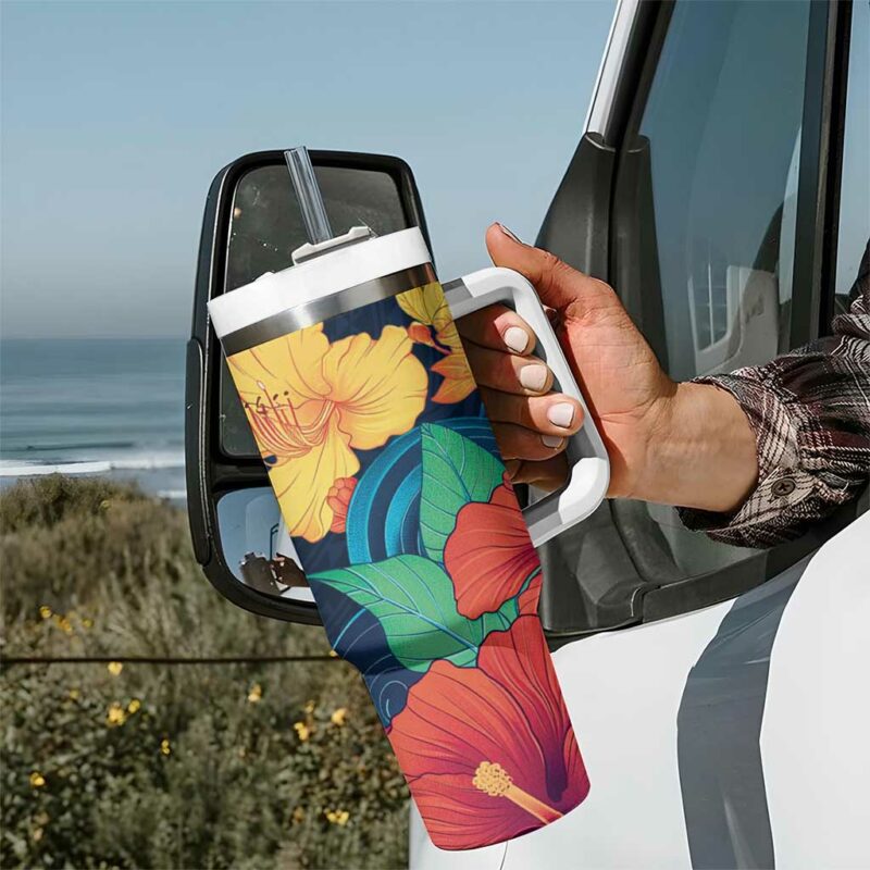 Polynesian Hibiscus Flower Waves Custom Stanley Quencher 40oz Stainless Steel Tumbler With Handle - Threewoofs - Image 7