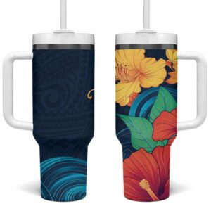 Polynesian Hibiscus Flower Waves Custom Stanley Quencher 40oz Stainless Steel Tumbler With Handle - Threewoofs