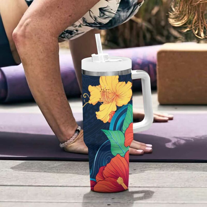 Polynesian Hibiscus Flower Waves Custom Stanley Quencher 40oz Stainless Steel Tumbler With Handle - Threewoofs - Image 6