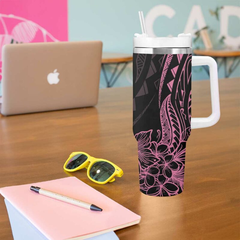 Polynesian Pink Power Breast Cancer Ribbon Turtle and Flowers Custom Stanley Quencher 40oz Stainless Steel Tumbler With Handle - Threewoofs - Image 5