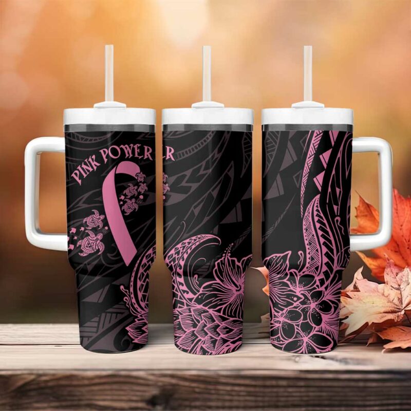 Polynesian Pink Power Breast Cancer Ribbon Turtle and Flowers Custom Stanley Quencher 40oz Stainless Steel Tumbler With Handle - Threewoofs - Image 4