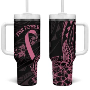 Polynesian Pink Power Breast Cancer Ribbon Turtle and Flowers Custom Stanley Quencher 40oz Stainless Steel Tumbler With Handle - Threewoofs