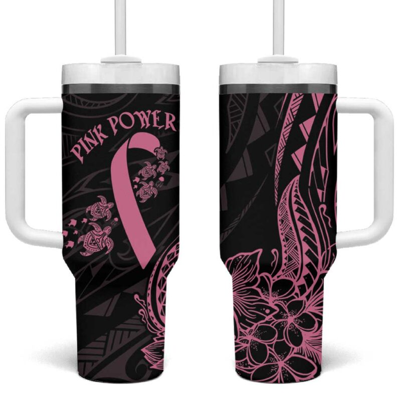 Polynesian Pink Power Breast Cancer Ribbon Turtle and Flowers Custom Stanley Quencher 40oz Stainless Steel Tumbler With Handle - Threewoofs