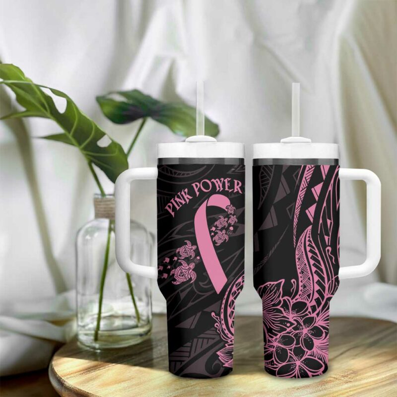 Polynesian Pink Power Breast Cancer Ribbon Turtle and Flowers Custom Stanley Quencher 40oz Stainless Steel Tumbler With Handle - Threewoofs - Image 9
