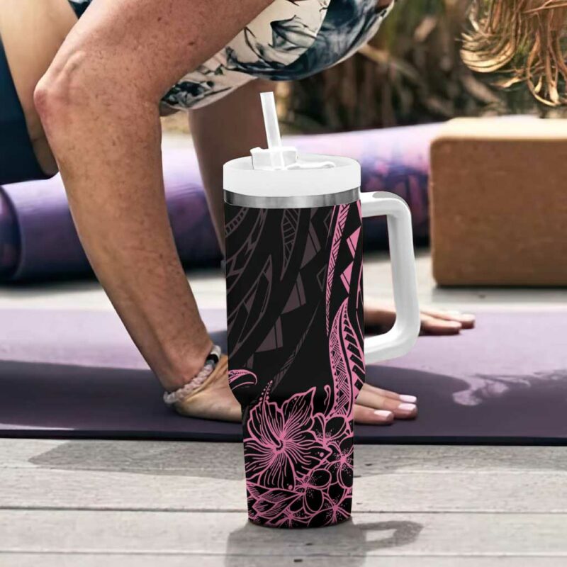 Polynesian Pink Power Breast Cancer Ribbon Turtle and Flowers Custom Stanley Quencher 40oz Stainless Steel Tumbler With Handle - Threewoofs - Image 6