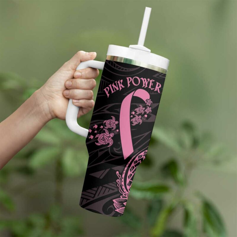 Polynesian Pink Power Breast Cancer Ribbon Turtle and Flowers Custom Stanley Quencher 40oz Stainless Steel Tumbler With Handle - Threewoofs - Image 3