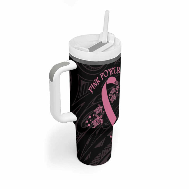 Polynesian Pink Power Breast Cancer Ribbon Turtle and Flowers Custom Stanley Quencher 40oz Stainless Steel Tumbler With Handle - Threewoofs - Image 2
