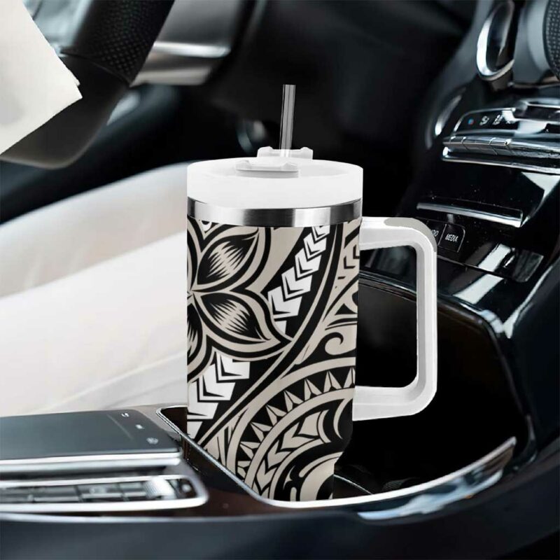 Polynesian Plumeria Floral Tattoo Beige Custom Stanley Quencher 40oz Stainless Steel Tumbler With Handle - Threewoofs - Image 8