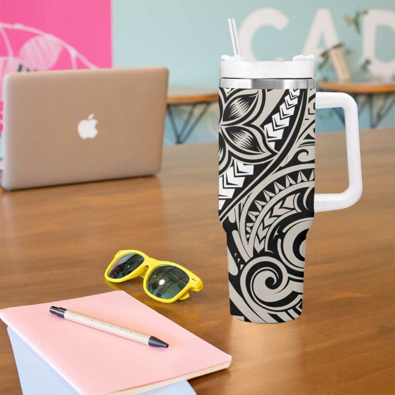 Polynesian Plumeria Floral Tattoo Beige Custom Stanley Quencher 40oz Stainless Steel Tumbler With Handle - Threewoofs - Image 5