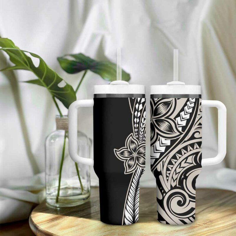 Polynesian Plumeria Floral Tattoo Beige Custom Stanley Quencher 40oz Stainless Steel Tumbler With Handle - Threewoofs - Image 9