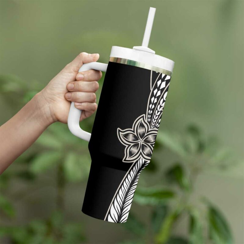 Polynesian Plumeria Floral Tattoo Beige Custom Stanley Quencher 40oz Stainless Steel Tumbler With Handle - Threewoofs - Image 3