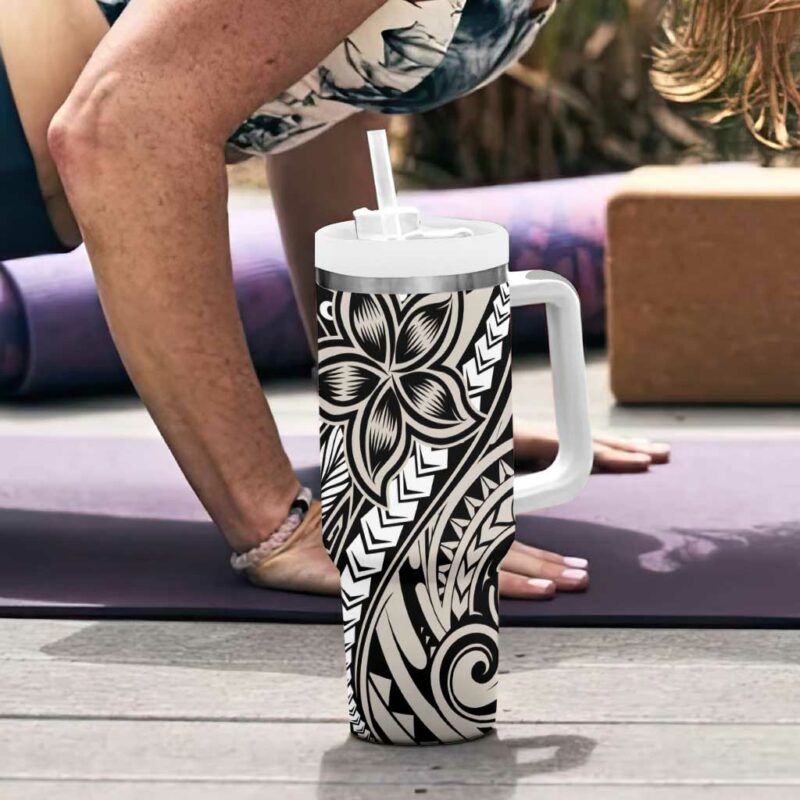 Polynesian Plumeria Floral Tattoo Beige Custom Stanley Quencher 40oz Stainless Steel Tumbler With Handle - Threewoofs - Image 6