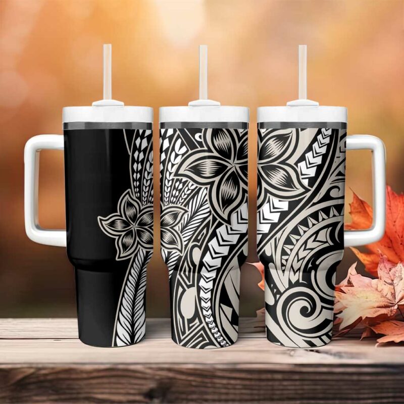 Polynesian Plumeria Floral Tattoo Beige Custom Stanley Quencher 40oz Stainless Steel Tumbler With Handle - Threewoofs - Image 4