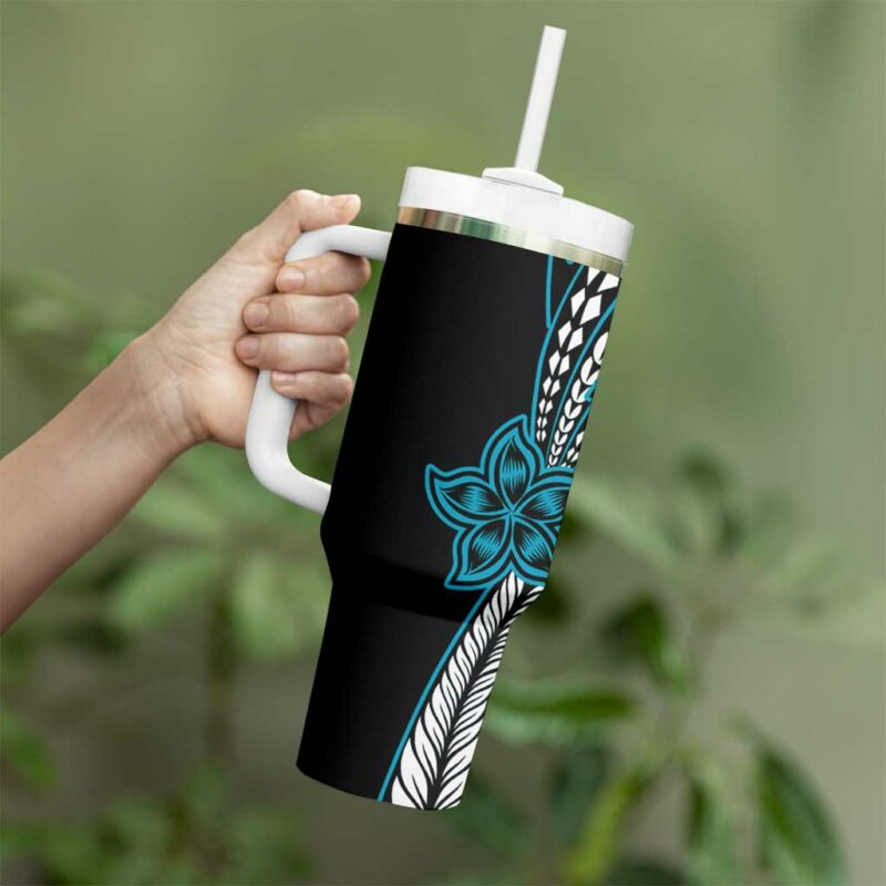 Polynesian Plumeria Floral Tattoo Blue Custom Stanley Quencher 40oz Stainless Steel Tumbler With Handle - Threewoofs - Image 3