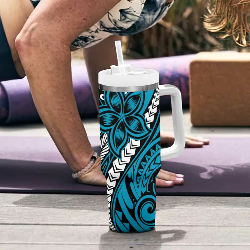 Polynesian Plumeria Floral Tattoo Blue Custom Stanley Quencher 40oz Stainless Steel Tumbler With Handle - Threewoofs - Image 6