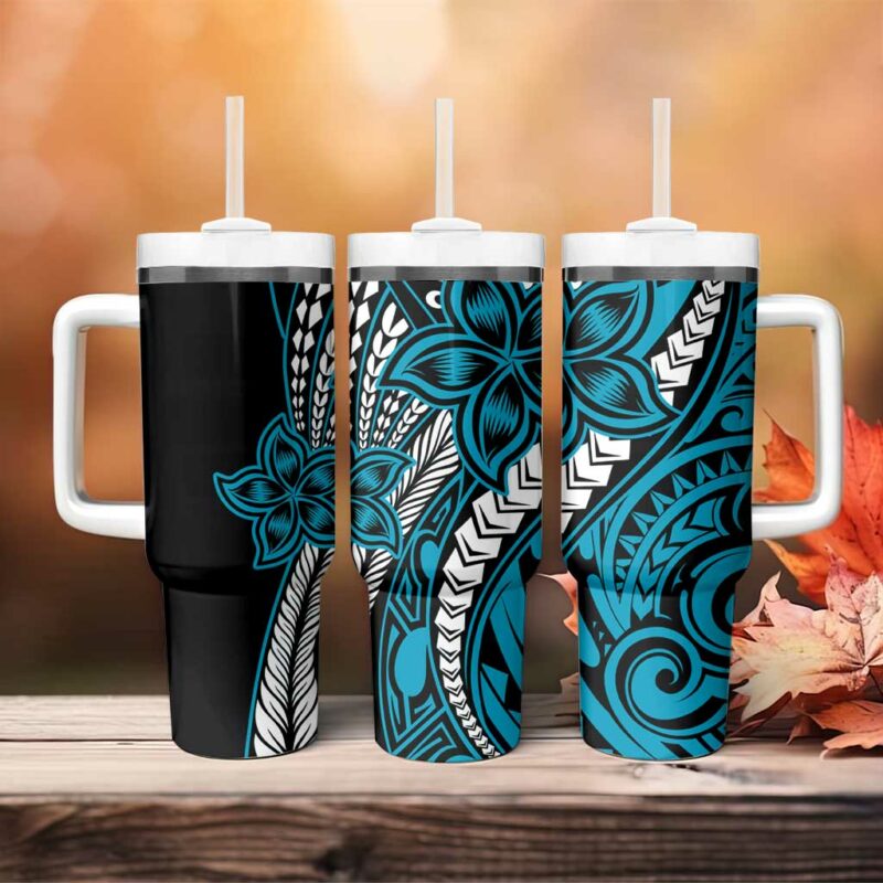 Polynesian Plumeria Floral Tattoo Blue Custom Stanley Quencher 40oz Stainless Steel Tumbler With Handle - Threewoofs - Image 4