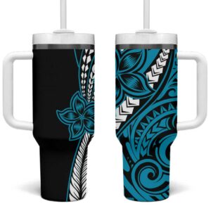 Polynesian Plumeria Floral Tattoo Blue Custom Stanley Quencher 40oz Stainless Steel Tumbler With Handle - Threewoofs