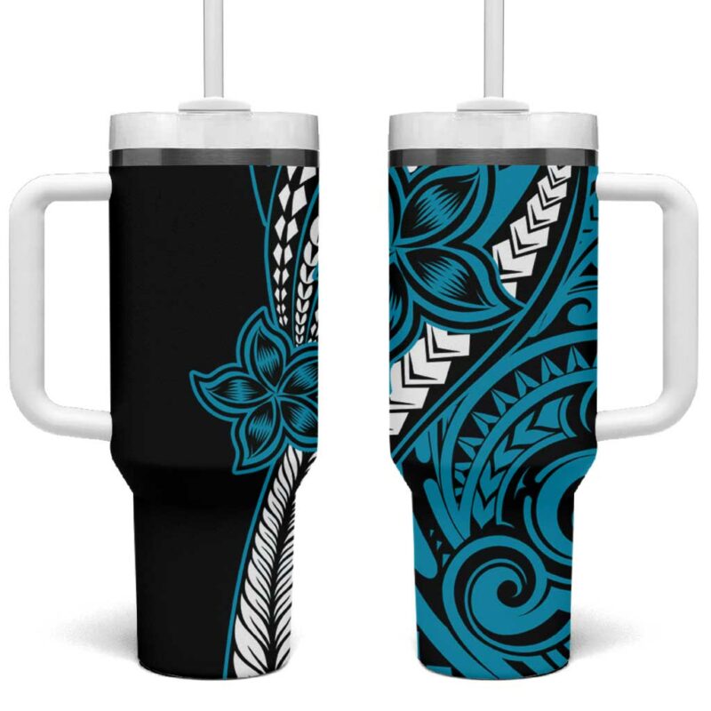 Polynesian Plumeria Floral Tattoo Blue Custom Stanley Quencher 40oz Stainless Steel Tumbler With Handle - Threewoofs