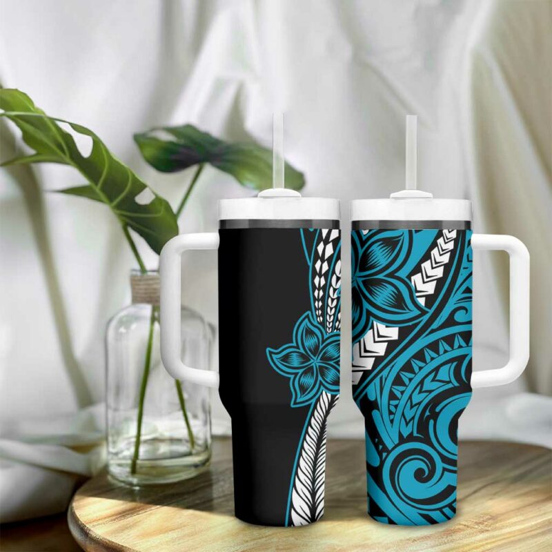 Polynesian Plumeria Floral Tattoo Blue Custom Stanley Quencher 40oz Stainless Steel Tumbler With Handle - Threewoofs - Image 9