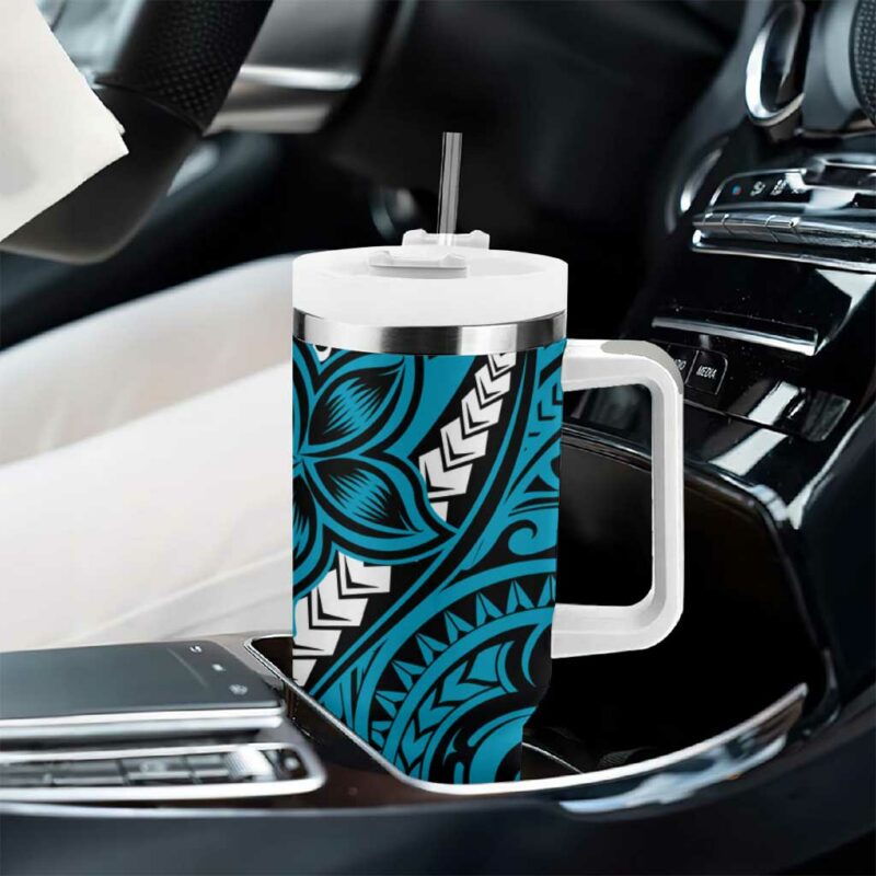 Polynesian Plumeria Floral Tattoo Blue Custom Stanley Quencher 40oz Stainless Steel Tumbler With Handle - Threewoofs - Image 8