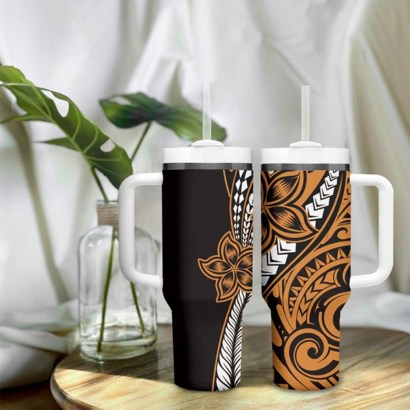 Polynesian Plumeria Floral Tattoo Gold Custom Stanley Quencher 40oz Stainless Steel Tumbler With Handle - Threewoofs - Image 9