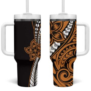Polynesian Plumeria Floral Tattoo Gold Custom Stanley Quencher 40oz Stainless Steel Tumbler With Handle - Threewoofs