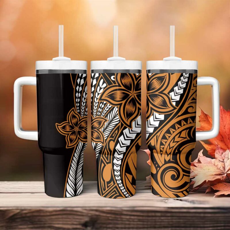 Polynesian Plumeria Floral Tattoo Gold Custom Stanley Quencher 40oz Stainless Steel Tumbler With Handle - Threewoofs - Image 4