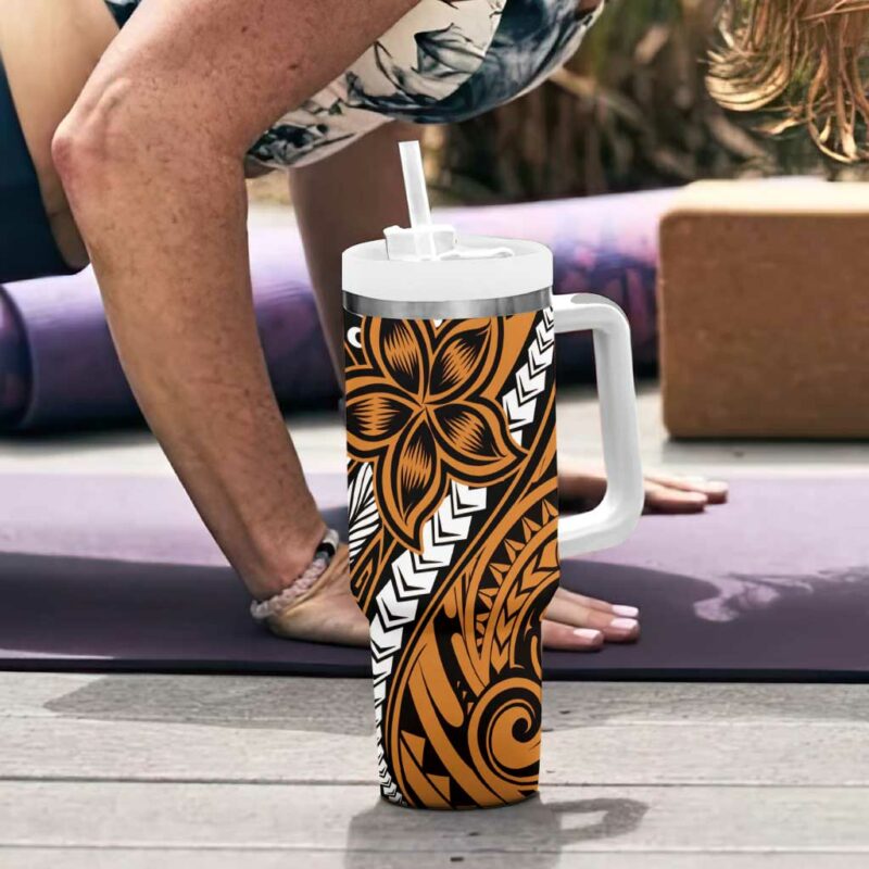 Polynesian Plumeria Floral Tattoo Gold Custom Stanley Quencher 40oz Stainless Steel Tumbler With Handle - Threewoofs - Image 6