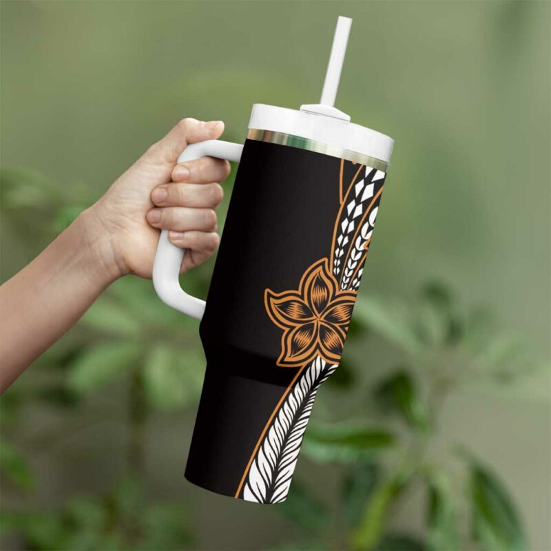 Polynesian Plumeria Floral Tattoo Gold Custom Stanley Quencher 40oz Stainless Steel Tumbler With Handle - Threewoofs - Image 3