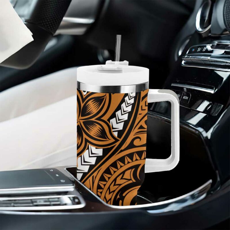 Polynesian Plumeria Floral Tattoo Gold Custom Stanley Quencher 40oz Stainless Steel Tumbler With Handle - Threewoofs - Image 8