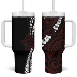Polynesian Plumeria Floral Tattoo Oxblood Custom Stanley Quencher 40oz Stainless Steel Tumbler With Handle - Threewoofs