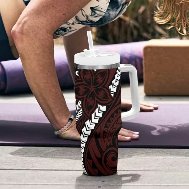 Polynesian Plumeria Floral Tattoo Oxblood Custom Stanley Quencher 40oz Stainless Steel Tumbler With Handle - Threewoofs - Image 6