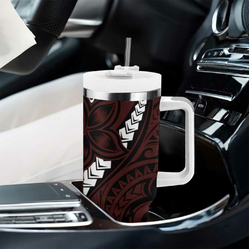 Polynesian Plumeria Floral Tattoo Oxblood Custom Stanley Quencher 40oz Stainless Steel Tumbler With Handle - Threewoofs - Image 8