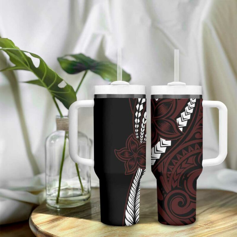 Polynesian Plumeria Floral Tattoo Oxblood Custom Stanley Quencher 40oz Stainless Steel Tumbler With Handle - Threewoofs - Image 9