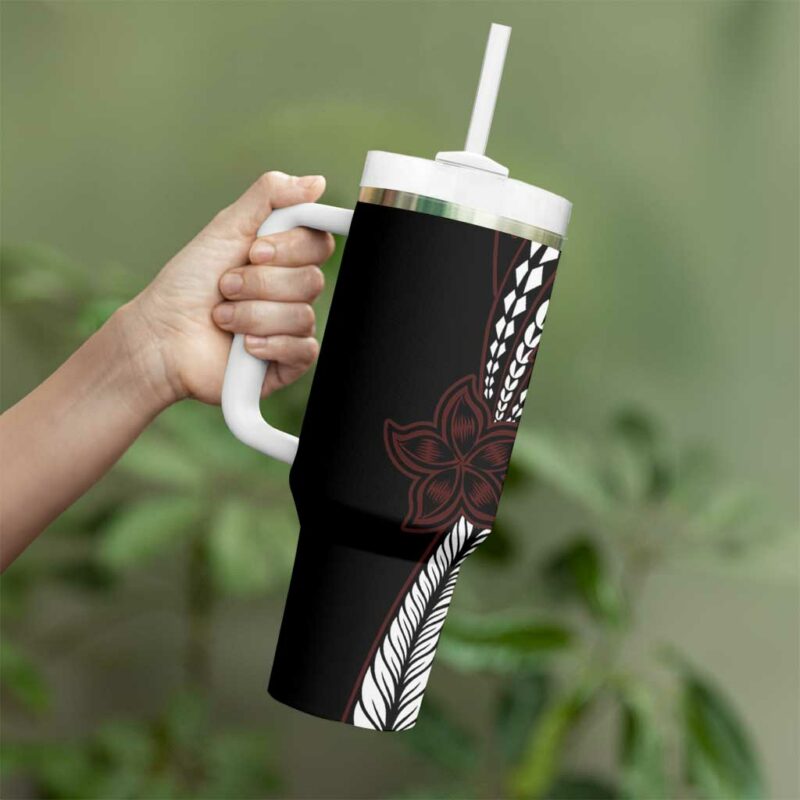 Polynesian Plumeria Floral Tattoo Oxblood Custom Stanley Quencher 40oz Stainless Steel Tumbler With Handle - Threewoofs - Image 3