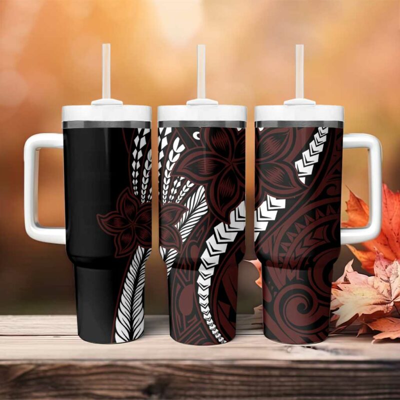 Polynesian Plumeria Floral Tattoo Oxblood Custom Stanley Quencher 40oz Stainless Steel Tumbler With Handle - Threewoofs - Image 4