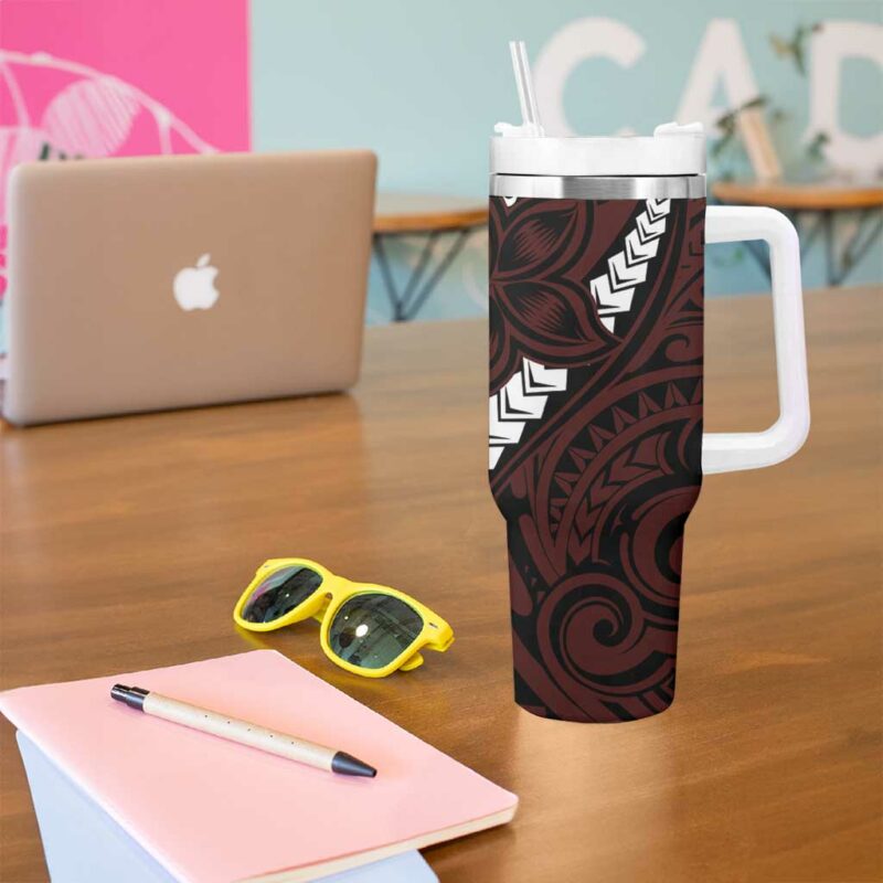 Polynesian Plumeria Floral Tattoo Oxblood Custom Stanley Quencher 40oz Stainless Steel Tumbler With Handle - Threewoofs - Image 5