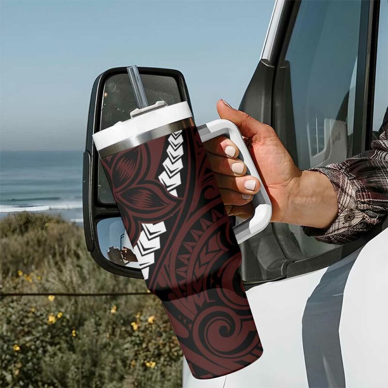 Polynesian Plumeria Floral Tattoo Oxblood Custom Stanley Quencher 40oz Stainless Steel Tumbler With Handle - Threewoofs - Image 7