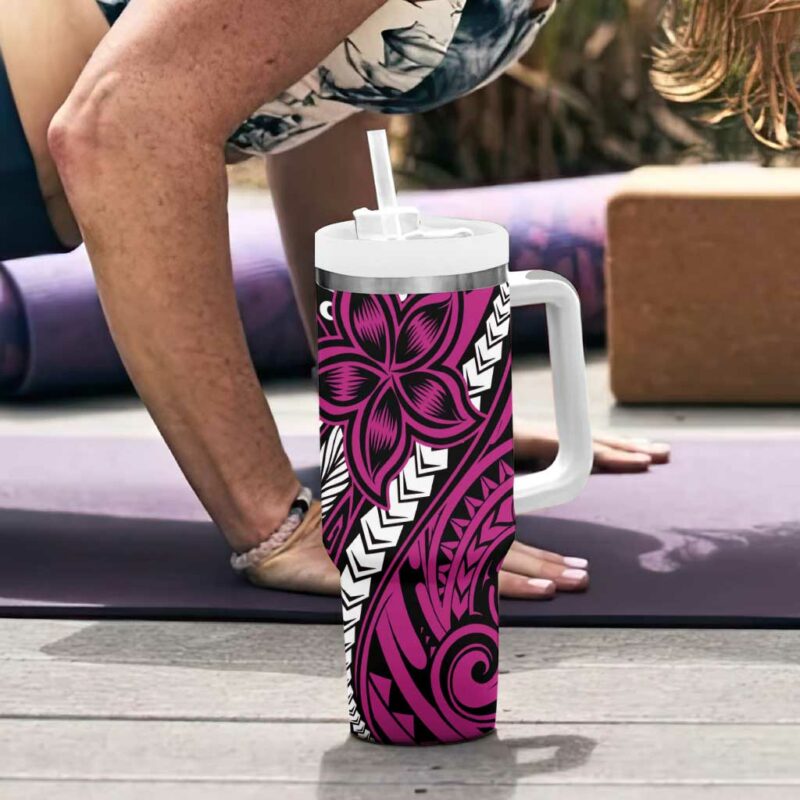 Polynesian Plumeria Floral Tattoo Pink Custom Stanley Quencher 40oz Stainless Steel Tumbler With Handle - Threewoofs - Image 6