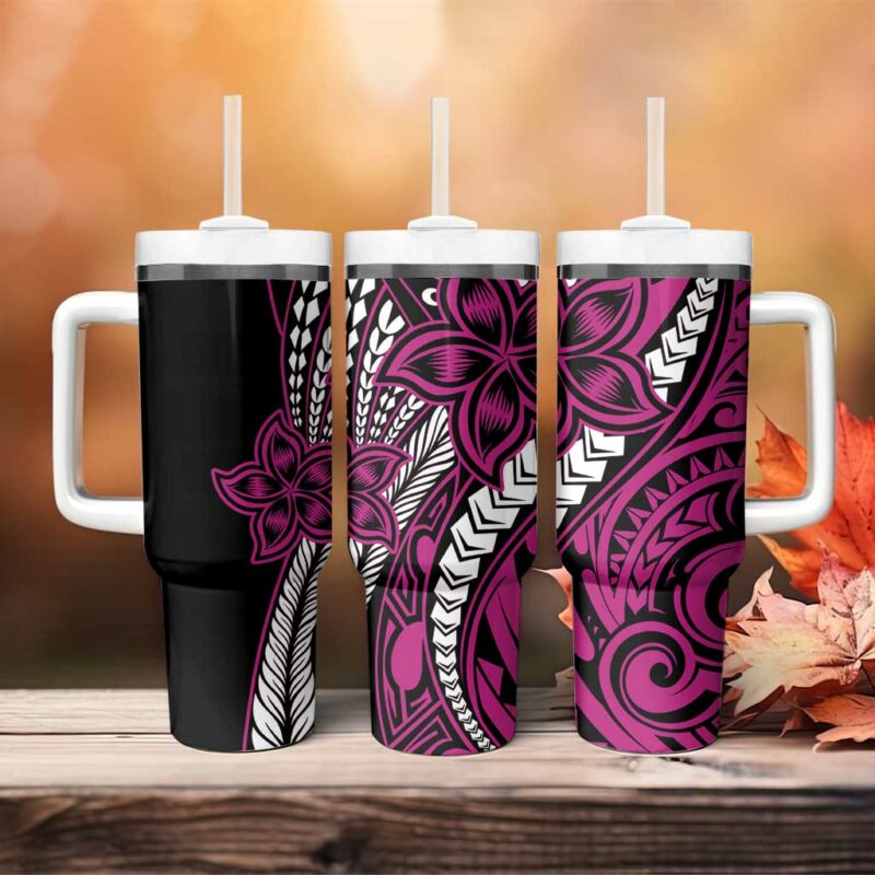 Polynesian Plumeria Floral Tattoo Pink Custom Stanley Quencher 40oz Stainless Steel Tumbler With Handle - Threewoofs - Image 4